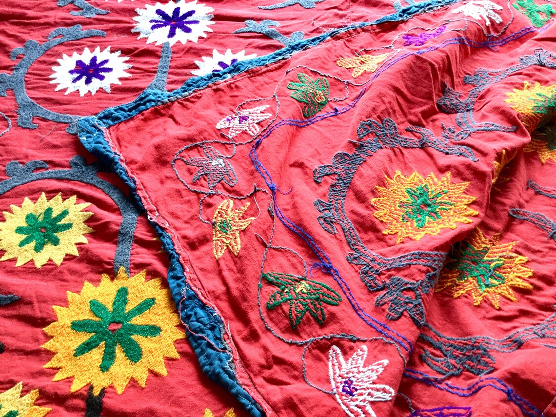 Vintage as is embroidered red fabric Suzani floral embroidery Etsy