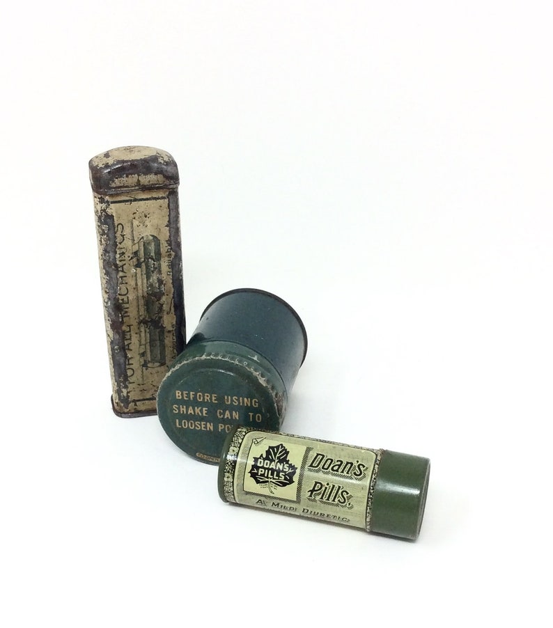 3 small vintage tins green metal Doans Pills as is
