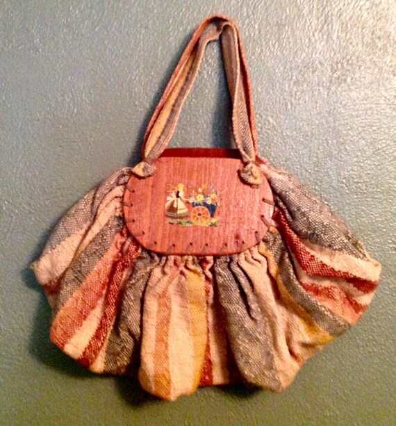 Vintage woven fabric and wood handbag purse 40s de