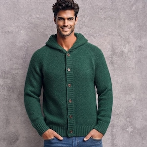 May include: A forest green knit hooded cardigan featuring a button-up front with five visible brown buttons, long sleeves with ribbed cuffs, and a ribbed hem. The garment is constructed from a textured wool-like material with a hood.