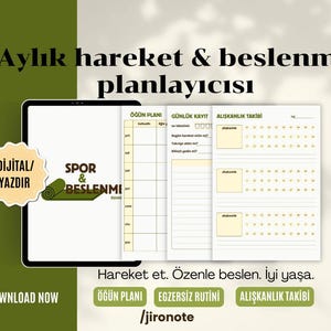 May include: A digital monthly exercise and nutrition planner displayed on a tablet screen. The planner includes sections for meal planning, daily logs, and habit tracking with text in Turkish. The layout features a clean, organized grid system.