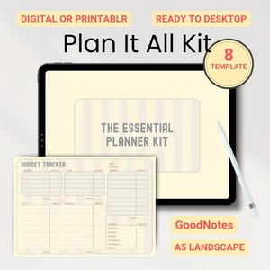Op de afbeelding: Digitale plannerkit met de tekst "Plan It All Kit" en "The Essential Planner Kit". Bevat een budgettracker en een tablet met een stylus. De afbeelding bevat ook de tekst "Direct downloaden", "Digitaal of printbaar", "Klaar voor desktop", "GoodNotes" en "A5 Landscape".