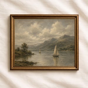 May include: A framed vintage landscape painting featuring a serene lake scene with sailboats. The artwork, in muted tones, depicts a cloudy sky, distant mountains, and a calm body of water. The frame is a warm, ornate gold color.