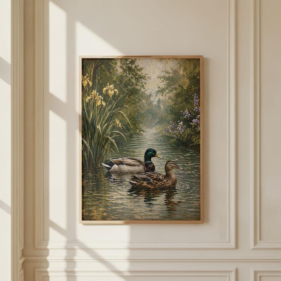 Vintage Duck Couple Pond Painting, Cottagecore Nature Landscape Poster