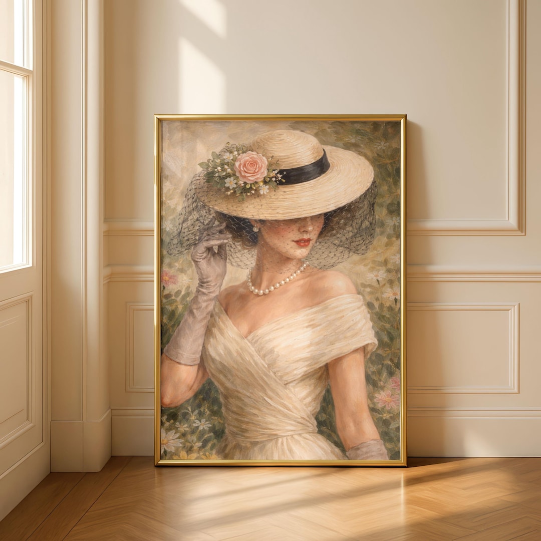 Vintage Woman Portrait Wall Art, Elegant Lady Floral Hat Painting ...
