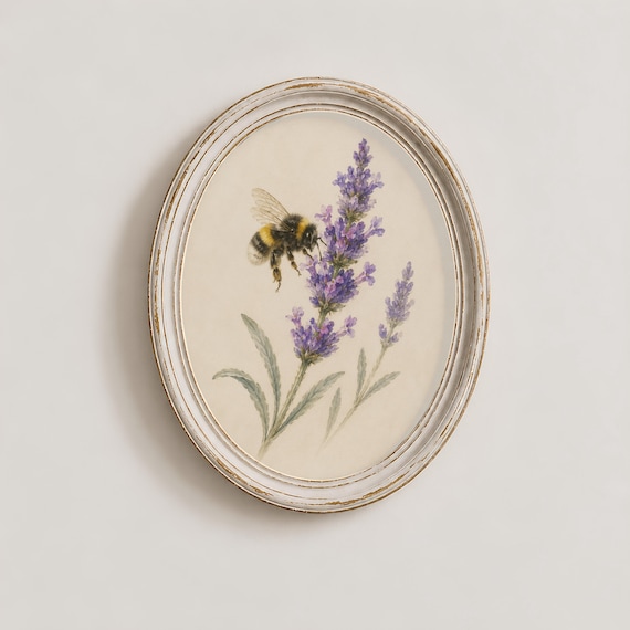 Vintage Bumble Bee Lavender Print, Botanical Cottagecore Wall Art, Rustic Floral Decor