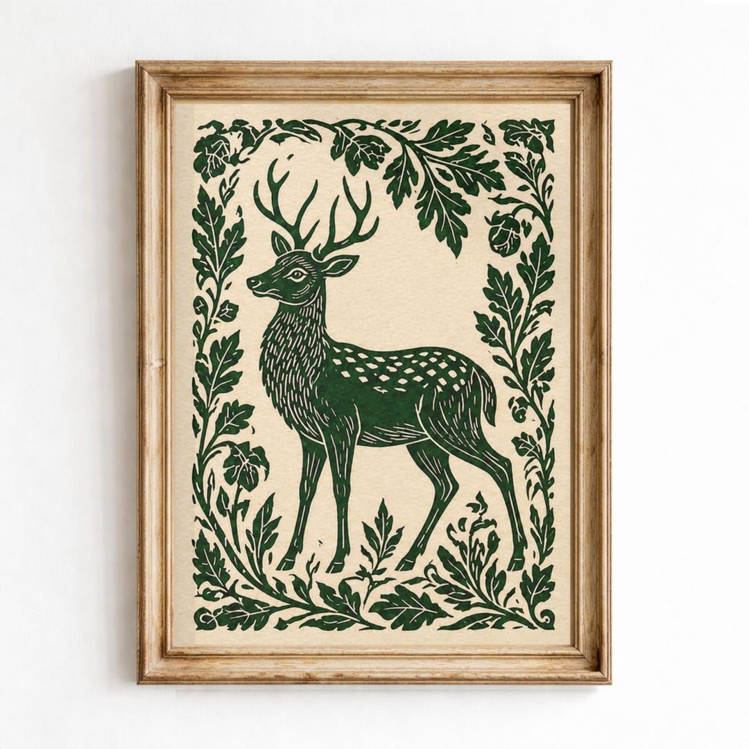 Vintage Deer Botanical Folk Art Print, Rustic Woodland Stag Wall Decor ...