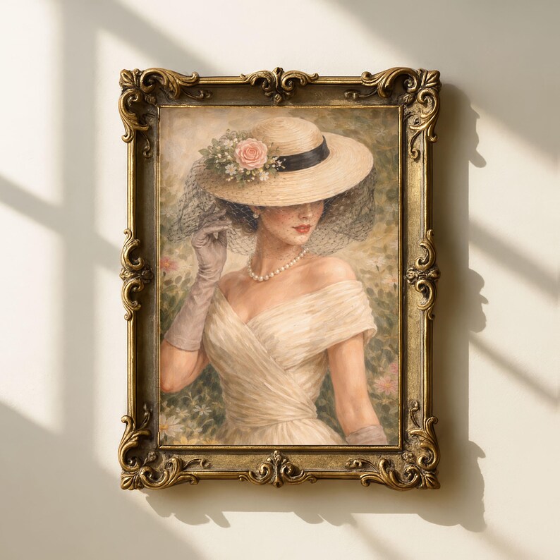 Vintage Woman Portrait Wall Art, Elegant Lady Floral Hat Painting ...