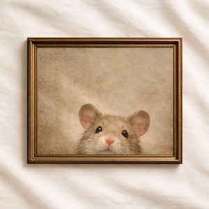 Illustrazione di un ritratto di topo in stile vintage, decorazione murale in stile cottagecore per la cameretta dei bambini.