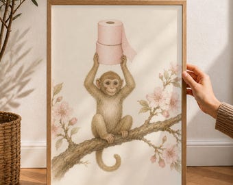 Funny Monkey Bathroom Print, Toilet Paper Wall Art, Cottagecore Bathroom Decor