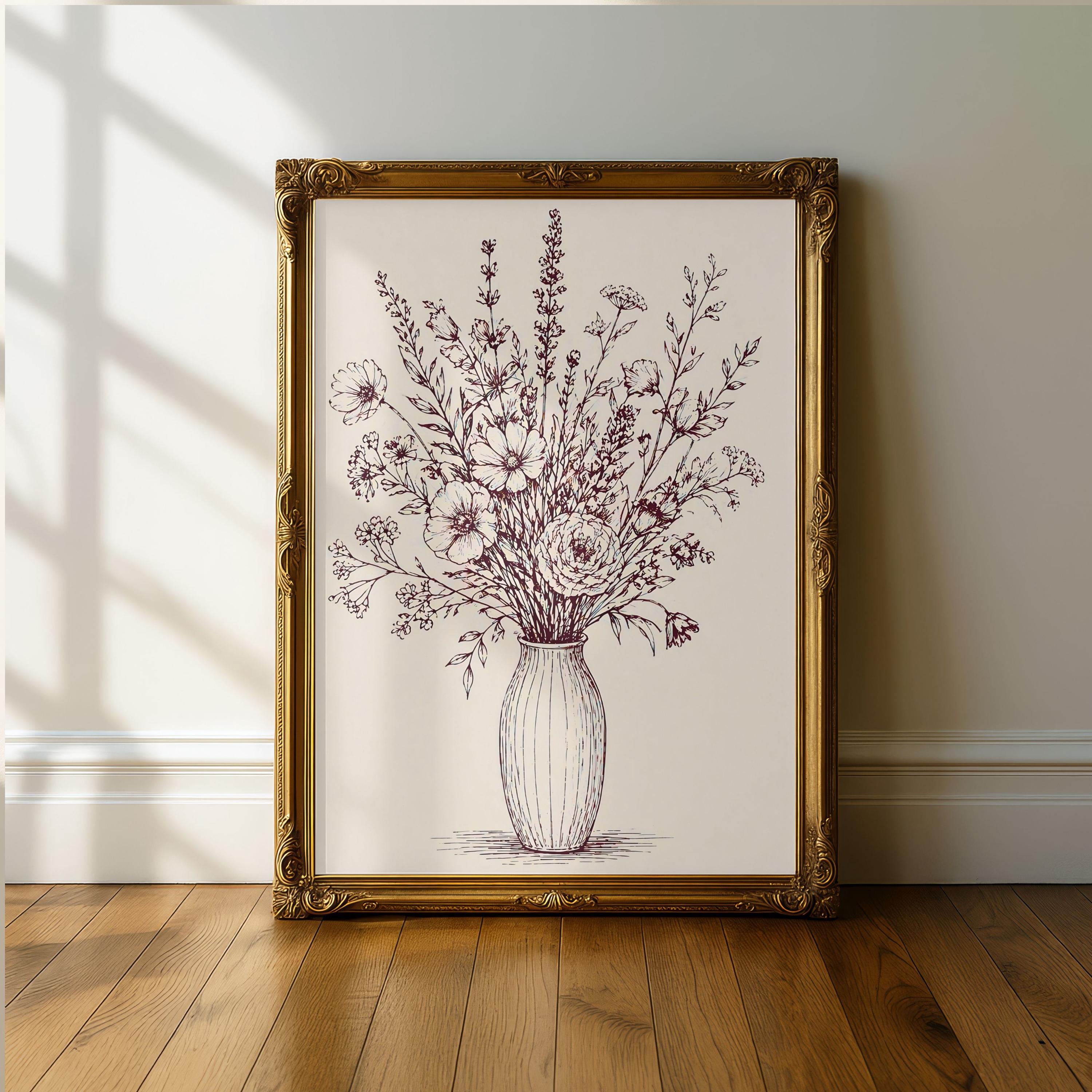 Minimal Floral Line Art Print, Boho Botanical Vase Drawing, Neutral ...