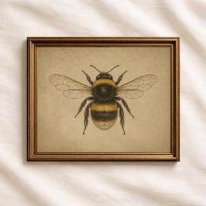 Peut inclure: Une impression encadrée représentant une illustration détaillée d'un bourdon. L'abeille est représentée avec des rayures noires et jaunes, des ailes transparentes et des détails fins. L'œuvre est encadrée dans un cadre en bois marron.