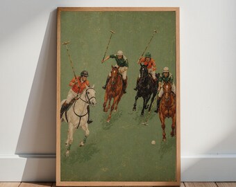 Vintage muurkunst polopaard, antieke paardensportprint, retro decor jockey