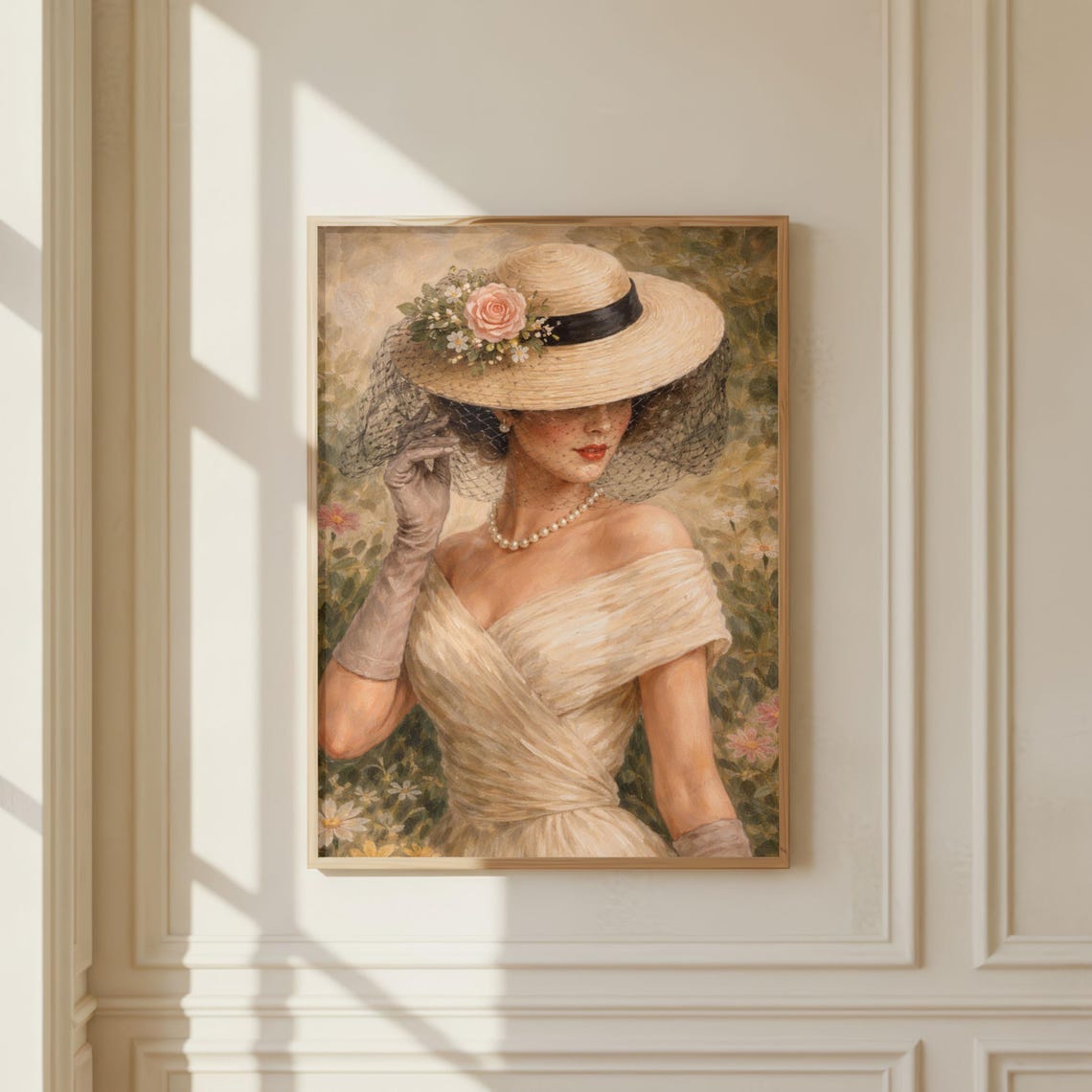 Vintage Woman Portrait Wall Art, Elegant Lady Floral Hat Painting ...
