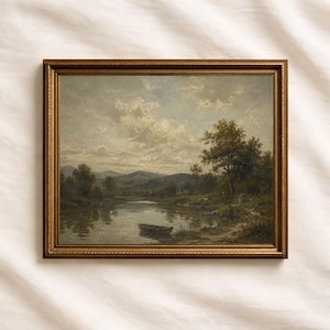Cuadro antiguo de río, lámina de paisaje rural, arte mural rústico de naturaleza.