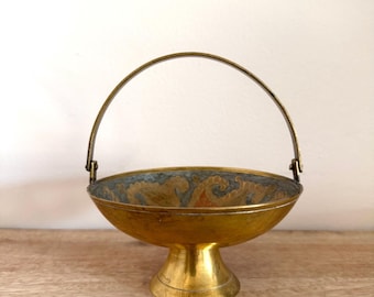 Vintage Mid-Century Brass and Enamel Paisley Pedestal Candy Dish Basket with Handle