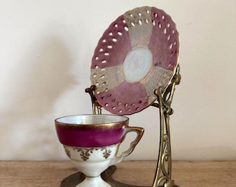 Vintage Hollywood Regency Decorative Teacup and Saucer & Brass Display Stand Set