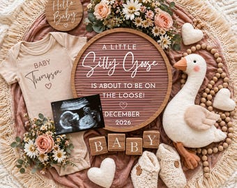 Modello per annuncio di gravidanza con tema "Oca sciocca", annuncio di nascita modificabile, annuncio di gravidanza divertente, tema oca carina, social media, download digitale