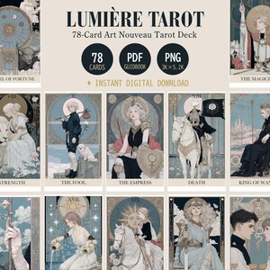 May include: A digital download of a 78-card Art Nouveau tarot deck. The cards feature illustrations with a vintage aesthetic, including images of The Fool, The Empress, and Death. The deck includes a PDF guidebook and PNG files.