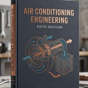 May include: A hardback book titled "Air Conditioning Engineering Fifth Edition" with copper-colored text and illustrations on a dark gray cover. The spine also features the title. The book's cover displays a detailed diagram of an air conditioning system.