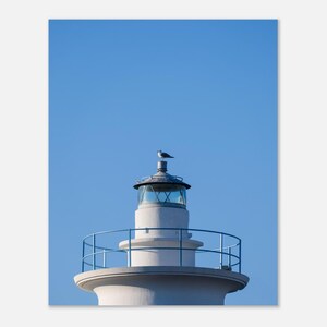 Minimal Lighthouse Print, Coastal Wall Art, Seagull Photography, Blue Sky Poster, Modern Minimal Home Decor - matte paper