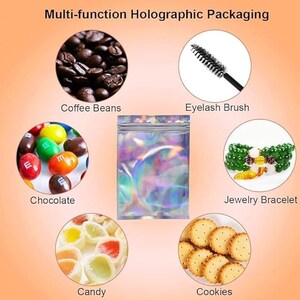 May include: A holographic packaging bag is surrounded by images of various items, including coffee beans, an eyelash brush, chocolate candies, a jewelry bracelet, candy, and cookies. The text at the top reads "Multi-function Holographic Packaging."