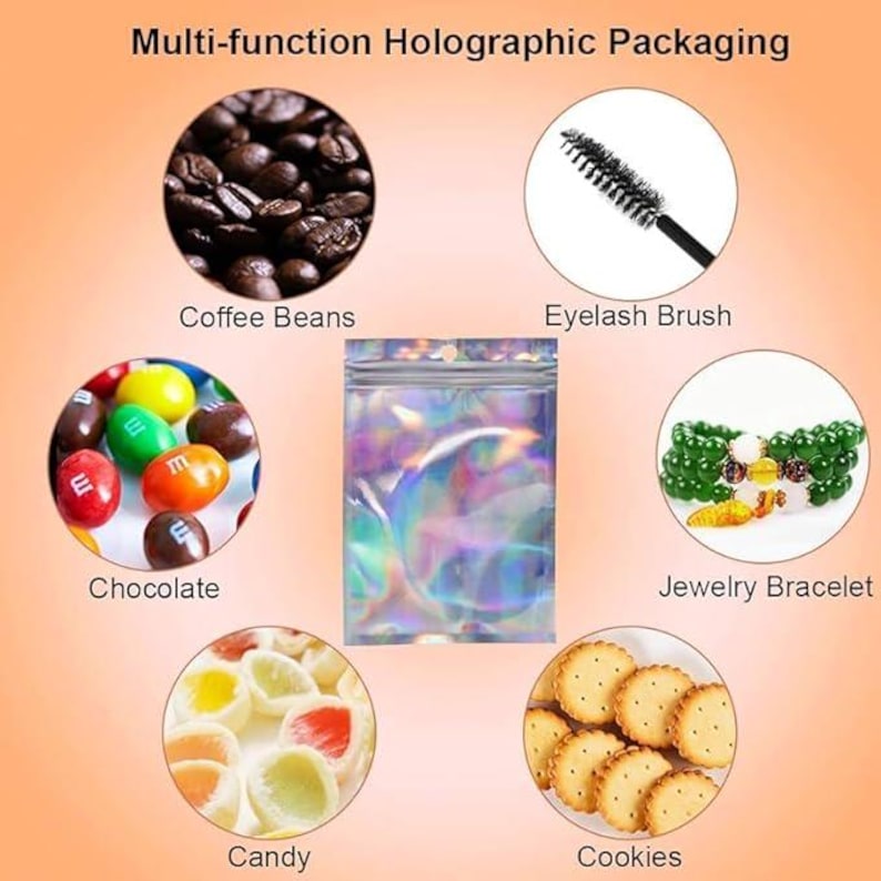 May include: A holographic packaging bag is surrounded by images of various items, including coffee beans, an eyelash brush, chocolate candies, a jewelry bracelet, candy, and cookies. The text at the top reads "Multi-function Holographic Packaging."