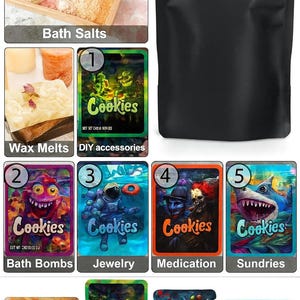 May include: An assortment of products, including bath salts, wax melts, and bath bombs, are displayed. Several packages feature the word "Cookies" with various graphic designs. The image also includes a black bag, likely for packaging.