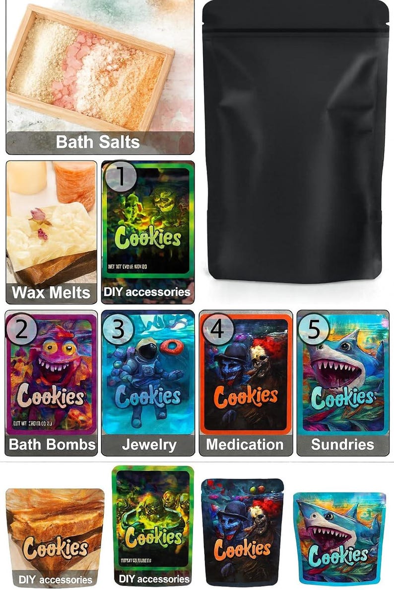 May include: An assortment of products, including bath salts, wax melts, and bath bombs, are displayed. Several packages feature the word "Cookies" with various graphic designs. The image also includes a black bag, likely for packaging.