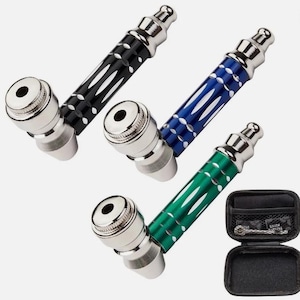 May include: Three metal smoking pipes in black, blue, and green, each featuring a silver-toned bowl and a textured cylindrical stem with silver accents. A small, black, zippered carrying case with an internal mesh pocket is included in the set.