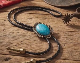 Krawat bolo w kolorze turkusowym w stylu vintage • Skórzany naszyjnik kowbojski z owalnym kamieniem