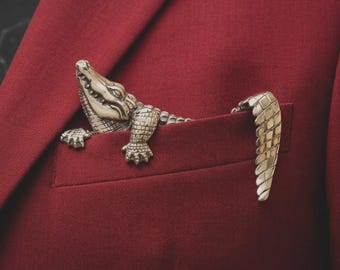 Crocodile Pocket Square Pin Brooch for Men | Silver Alligator Lapel Accessory Gift