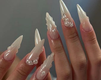 Uñas postizas de lujo estilo stiletto con perlas blancas – Uñas postizas de gel 3D para novias
