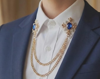 Victoriaanse kraagspeldketting • Dubbele ketting overhemdbroche • Gotische sieraden