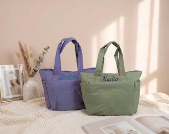 Custom Quilted Tote Bag, Embroidered Travel Beach Bag, Monogram Everyday Shoulder Purse, Aesthetic Birthday Gift For Her