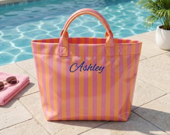 Personalized Striped PVC Beach Bag, Bridesmaid Bachelorette Girls Trip Tote