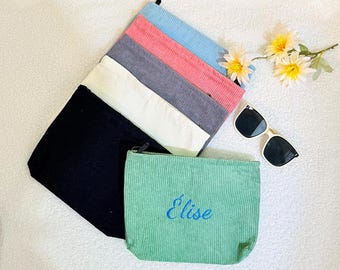 Personalized Corduroy Makeup Bag, Custom Cosmetic Pouch, Bridesmaid Proposal Gift, Monogram Toiletry Bag, Double Sided Custom, Gift for Her