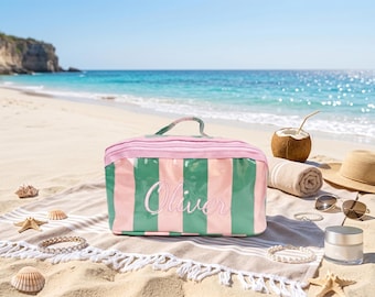 Personalized Striped Makeup Bag, Embroidered PVC Travel Toiletry Organizer, Beach Pool Bag