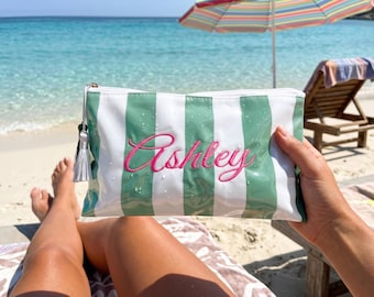 Personalized Embroidered Striped Pouch, Waterproof PVC Travel Case, Vacation Organizer Bag, Striped PVC Cosmetic, Clear Jelly Case