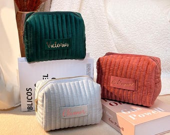 Neceser de terciopelo personalizado para damas de honor, neceser pequeño personalizado, organizador de bolsos de pana, neceser diario con monograma, regalo para ella.