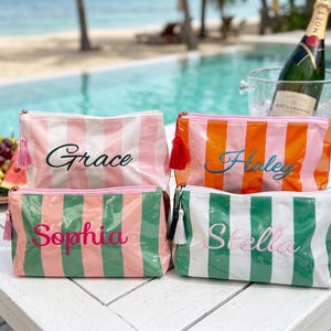 Trousse de maquillage personnalisée en PVC brodé, pochette cosmétique imperméable, trousse de voyage à rayures, cadeau pour demoiselle d'honneur, cadeau pour enterrement de vie de jeune fille