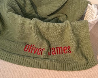 Personalized Monogram Knit Baby Blanket, Custom Embroidered Cotton Keepsake, Newborn Nursery Decor