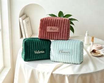 Personalized Velvet Makeup Pouch, Custom Foil Stamped Cosmetic Bag, Monogram Travel Toiletry Purse