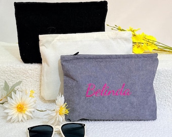Personalized Corduroy Makeup Bag, Custom Cosmetic Pouch, Bridesmaid Proposal Gift, Monogram Toiletry Bag, Double Sided Custom, Gift for Her