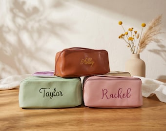 Custom Embroidered PU Leather Makeup Bag, Monogram Toiletry Pouch, Vegan Cosmetic Case