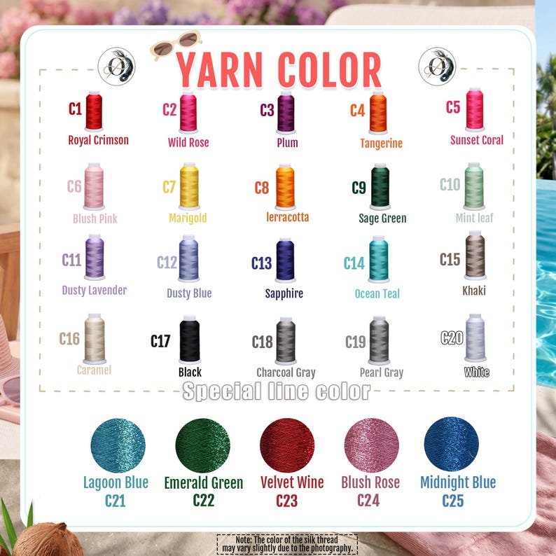 May include: A color chart titled YARN COLOR displaying twenty spools of thread labeled C1 through C20 with names like Royal Crimson, Wild Rose, and White. Below, five circular swatches labeled C21 to C25 show special line colors like Lagoon Blue.