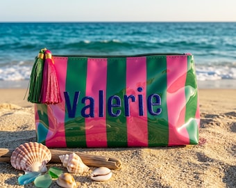 clear cosmetic bag, Personalized PVC Makeup Pouch, Waterproof Embroidered Toiletry Bag, Beach Travel Organizer
