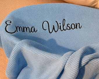 Personalized Knit Baby Blanket, Custom Embroidered Cotton Swaddle, Gender Neutral Nursery Essential