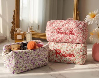 Custom Quilted Floral Makeup Bag, Personalized Bridesmaid Cosmetic Pouch