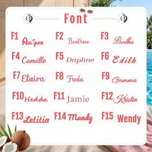 May include: A white rectangular chart displaying fifteen distinct font styles labeled F1 through F15, each featuring a sample name in coral-pink text. The header reads Font, flanked by two circular logos with a stylized letter O and sunglasses.